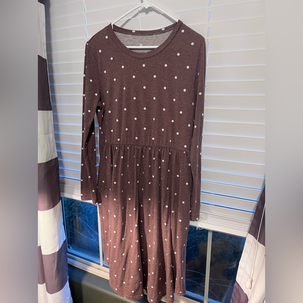 Polka Dot long sleeve purple dress with pockets.